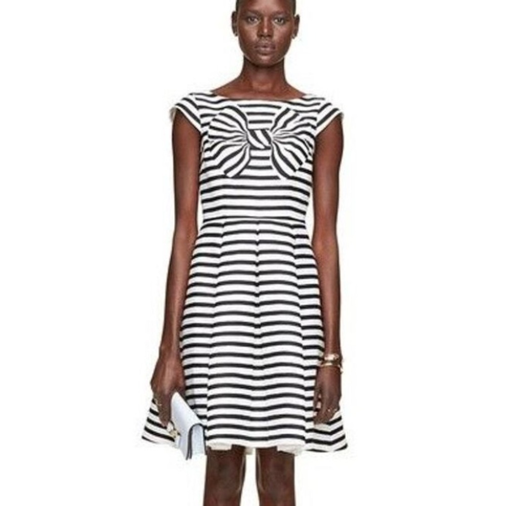 Kate Spade Marielle Cap Sleeve Striped Bow Print Pleated Flare Dress sz 10 $448